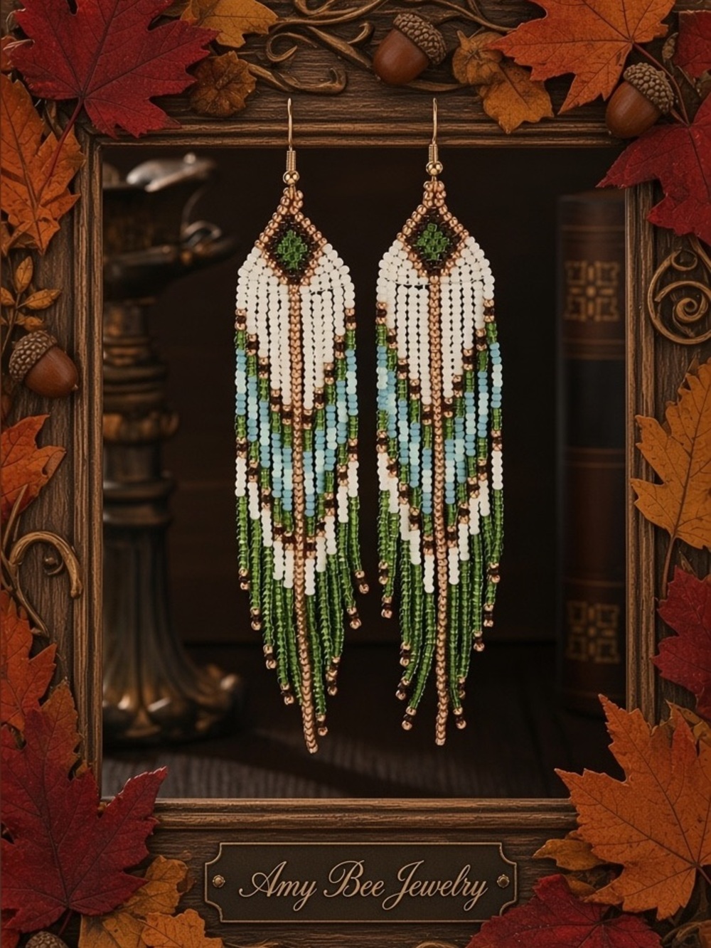Autumn Collection - Green & White Beaded Fringe Earrings with Gold Accents. New.